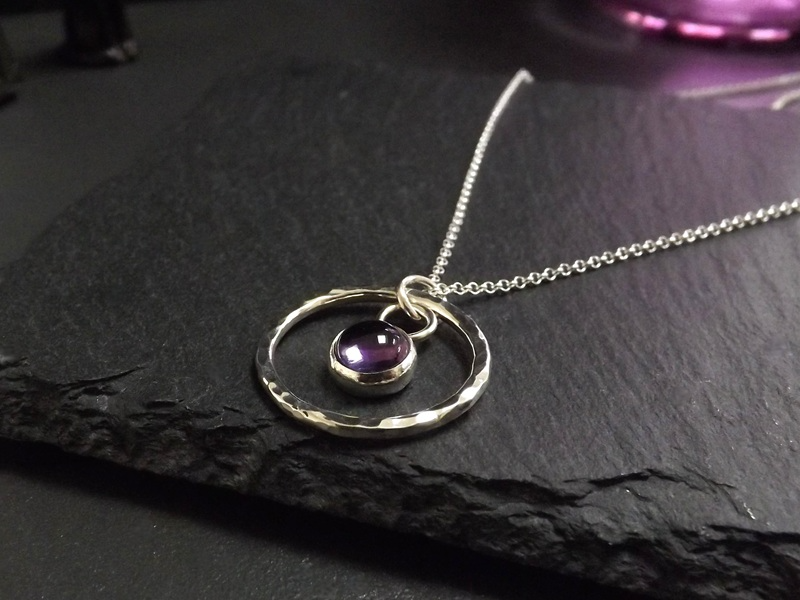 Amethyst in Hammered Silver Circle Pendant Necklace