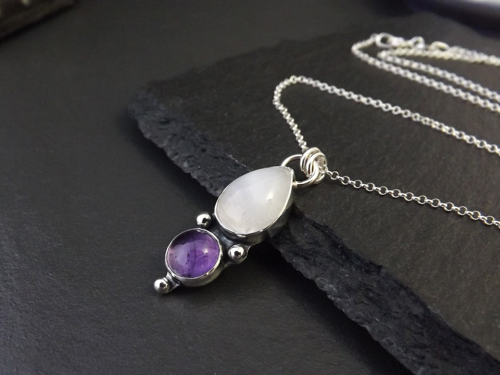 Gothic Moonstone Amethyst Silver Pendant Necklace