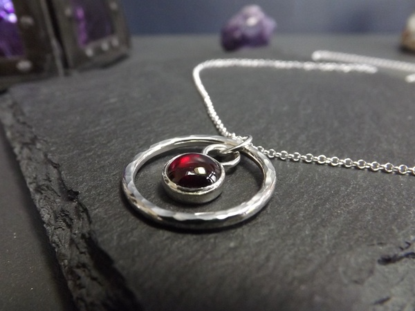 Garnet & Hammered Silver Circle Necklace