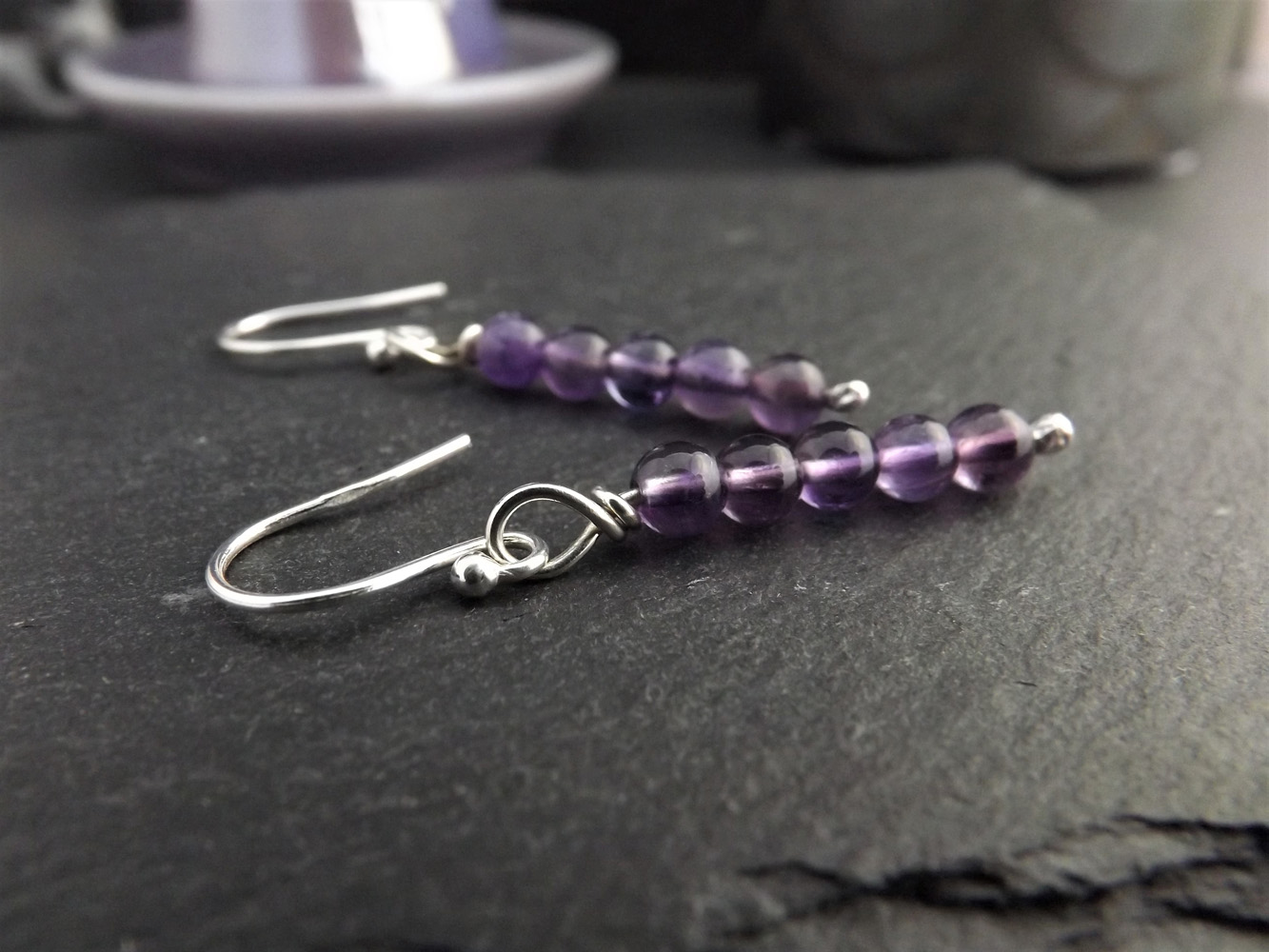 Amethyst Beads on Silver Wire Dangly Earrings