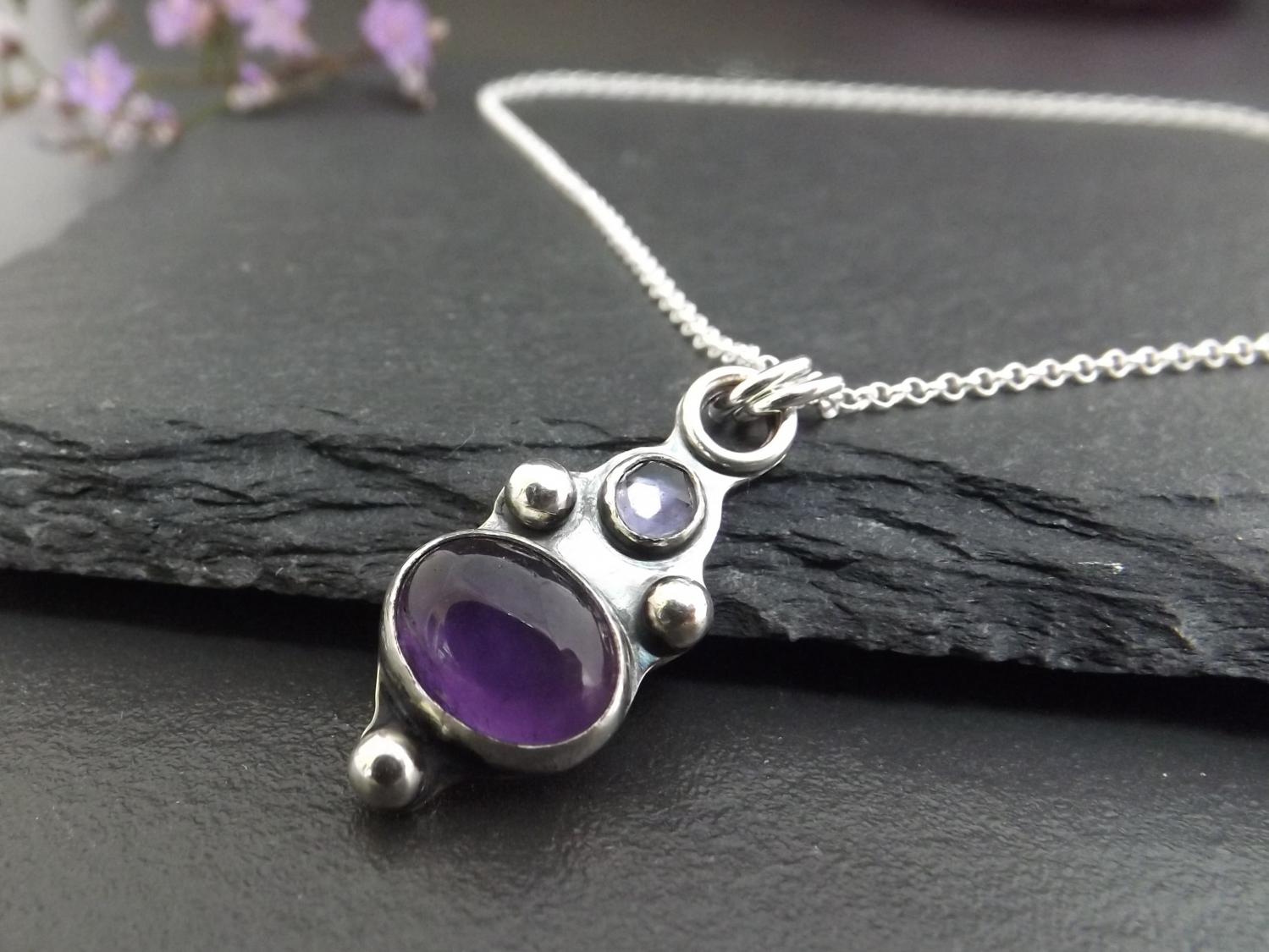 Gothic Amethyst and Iolite Silver Pendant Necklace