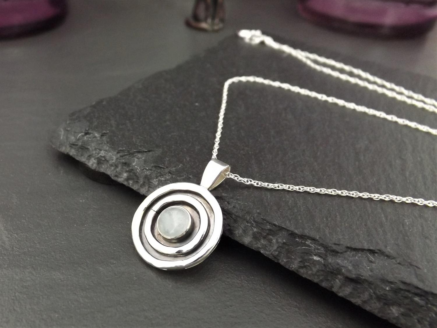 Aquamarine in Hammered Silver Circles Pendant Necklace