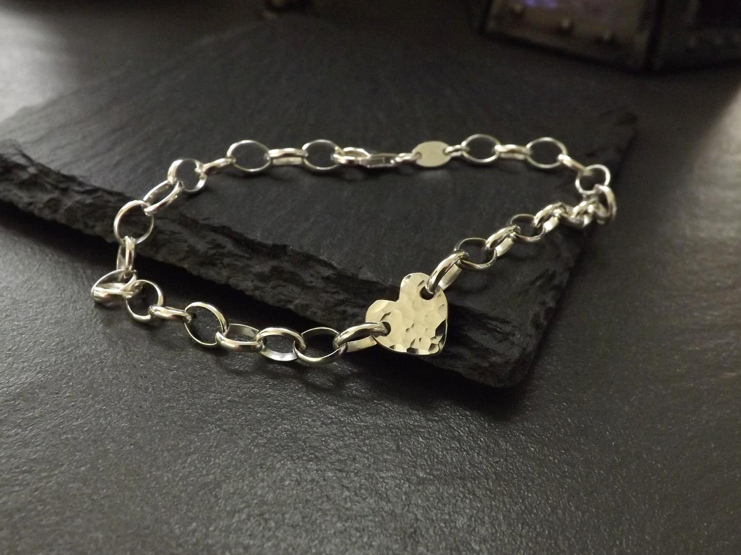 Hammered Heart Silver Chain Bracelet