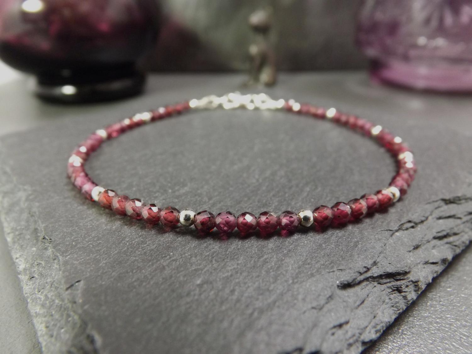 Rhodolite Garnet Faceted Beads Silver Bracelet