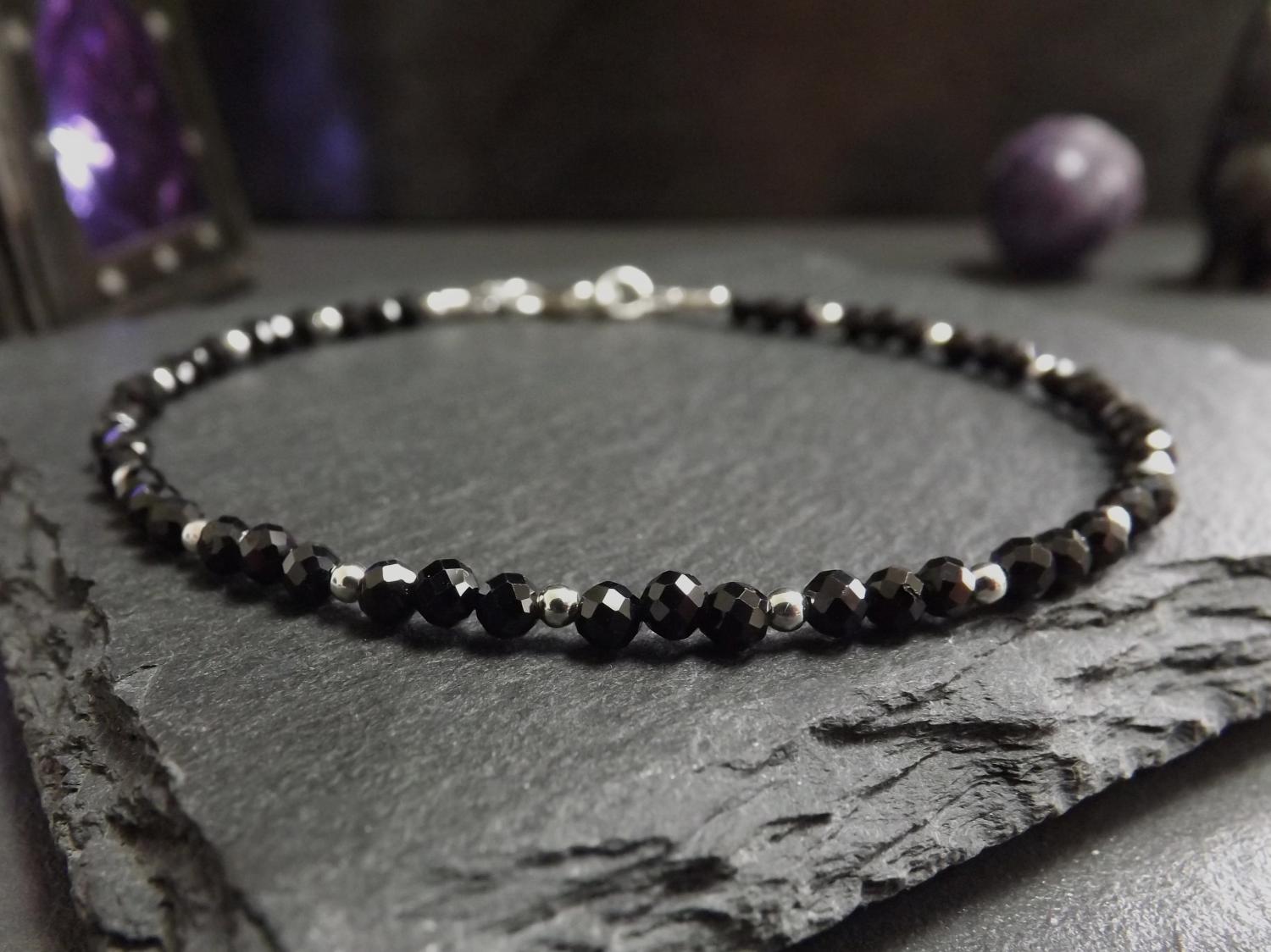 Black Spinel Silver Bead Bracelet