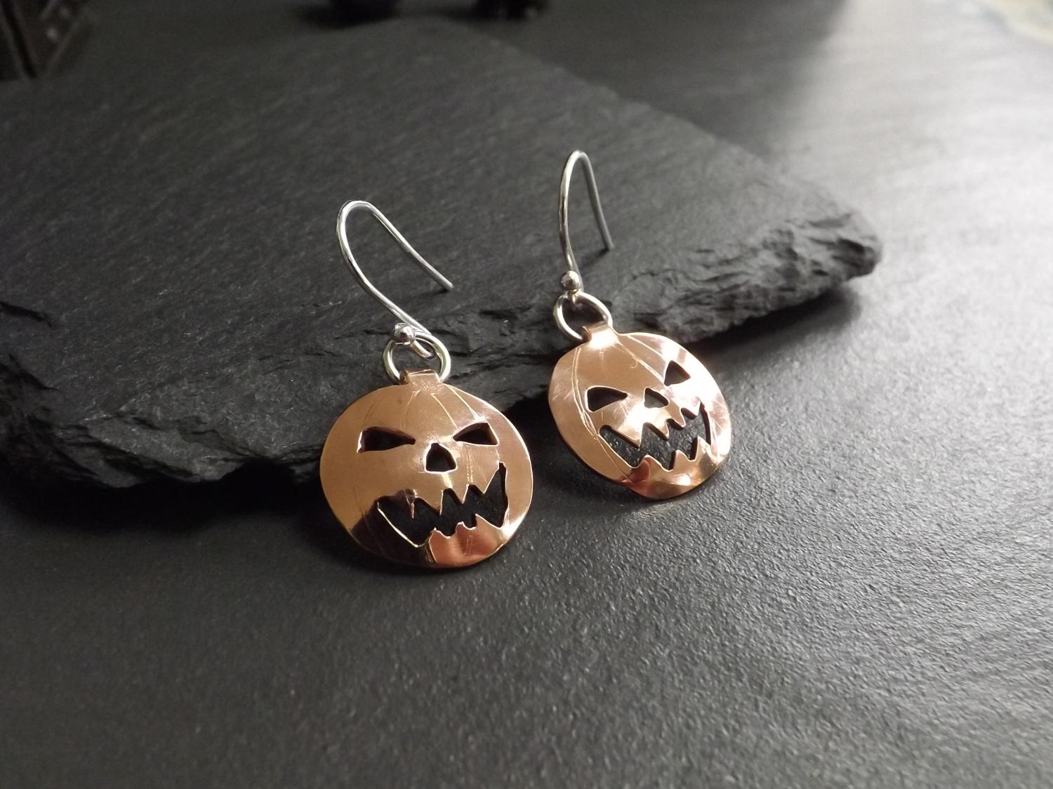 Copper Halloween Pumpkins on Silver Dangly Earrings