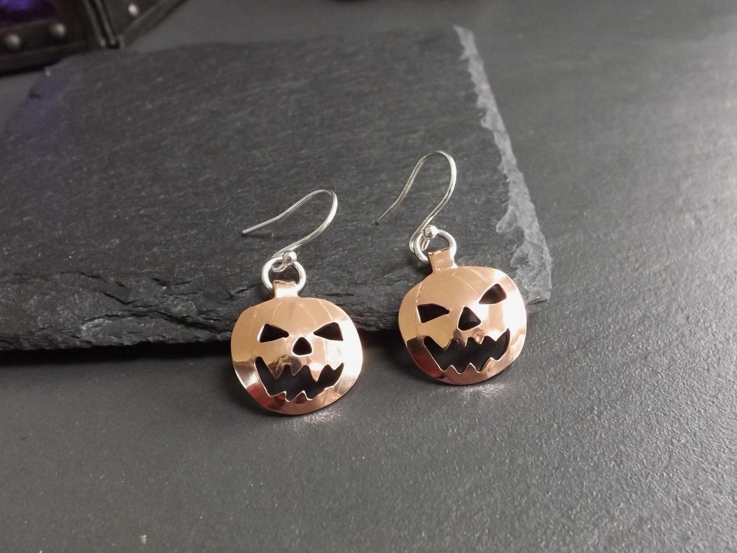 Copper Halloween Pumpkins on Silver Dangly Earrings