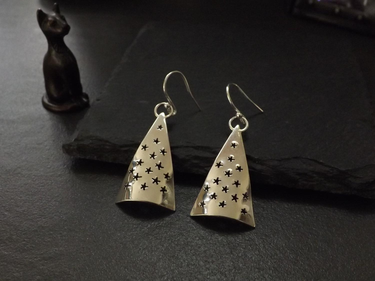 Starry Christmas Tree Silver Dangly Earrings