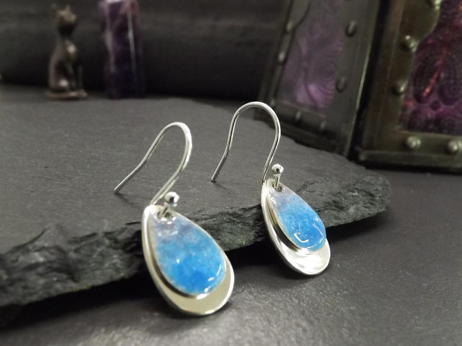 Blue Enamelled Silver Teardrop Earrings