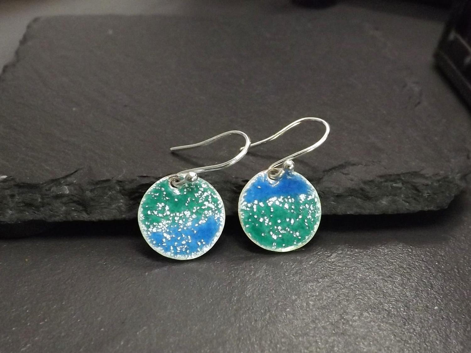 Blue Green Enamelled Silver Circles Dangly Earrings