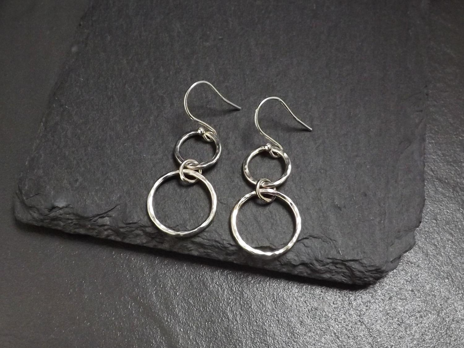 Duo Hammered Silver Hoops Dangly Earrings