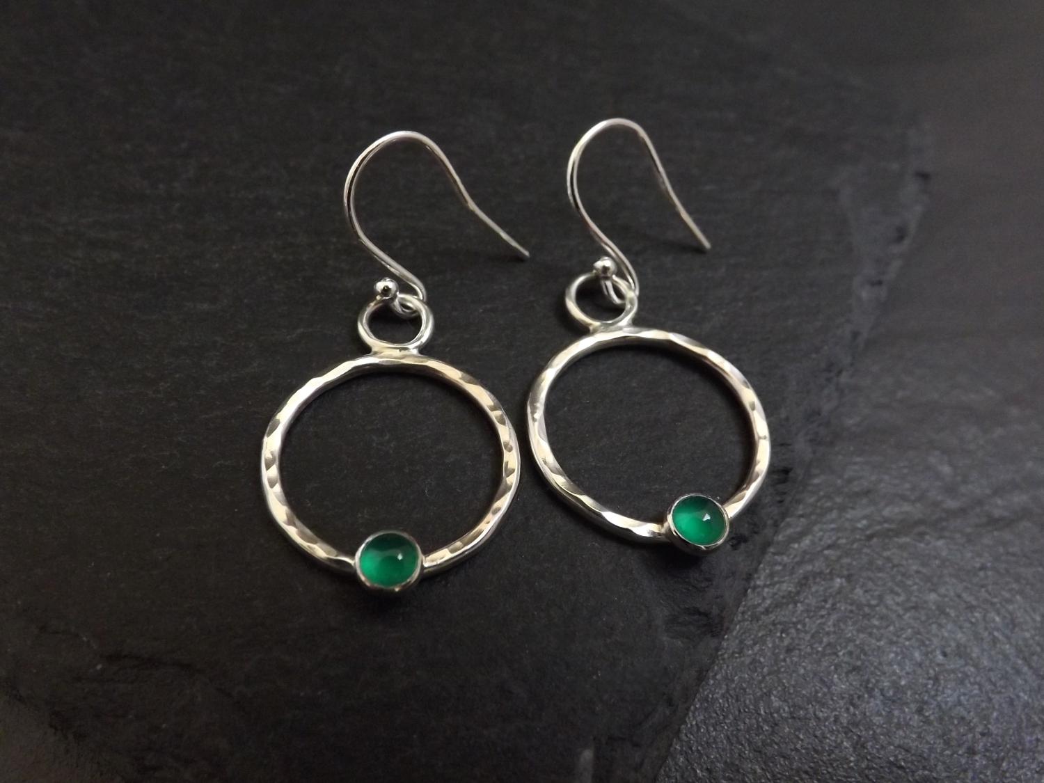 Green Agate on Hammered Silver Hoops Dangly Earrings