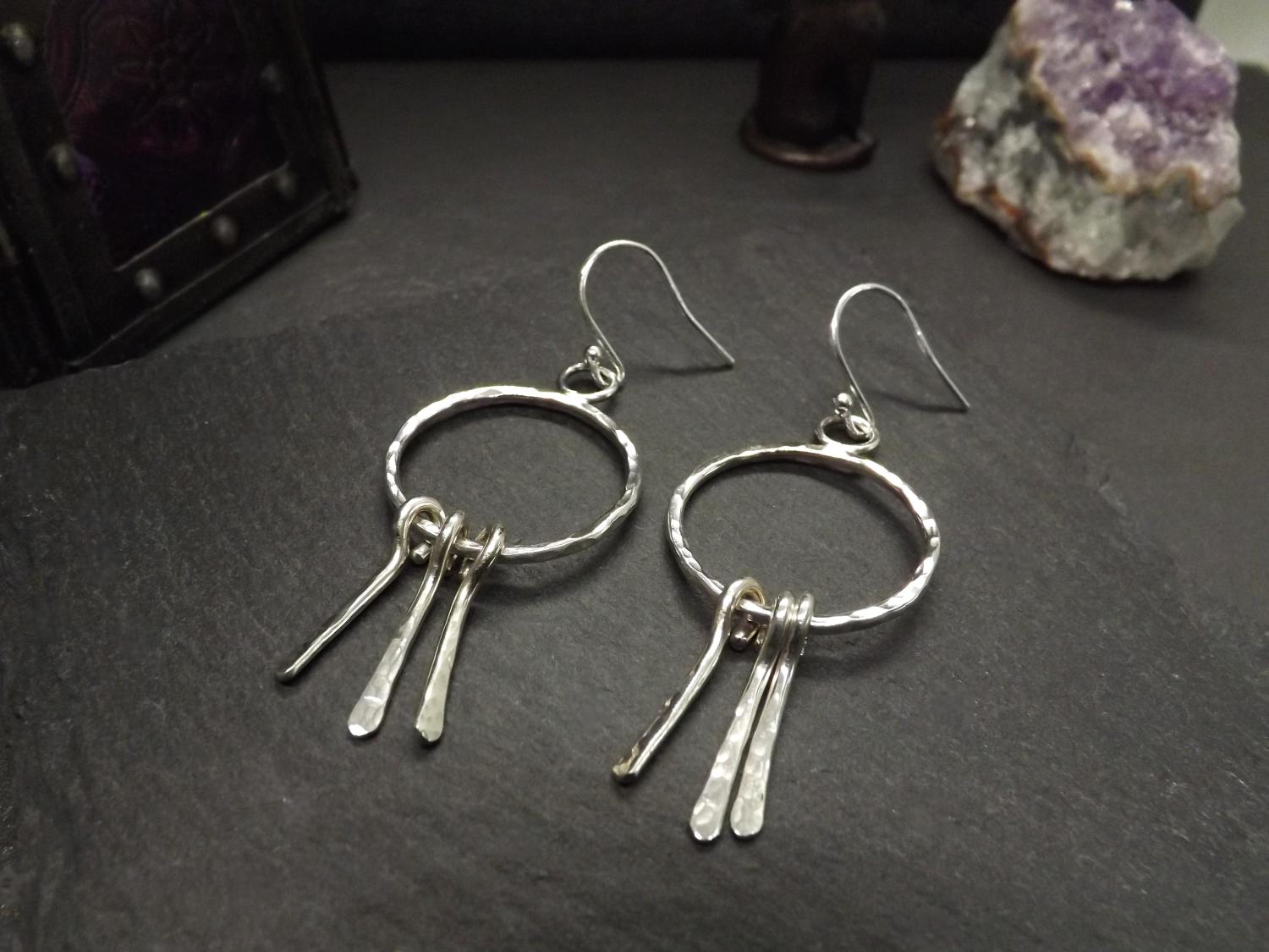 Jingle All The Way Hammered Silver Hoops with Tassels Dangly Earrings