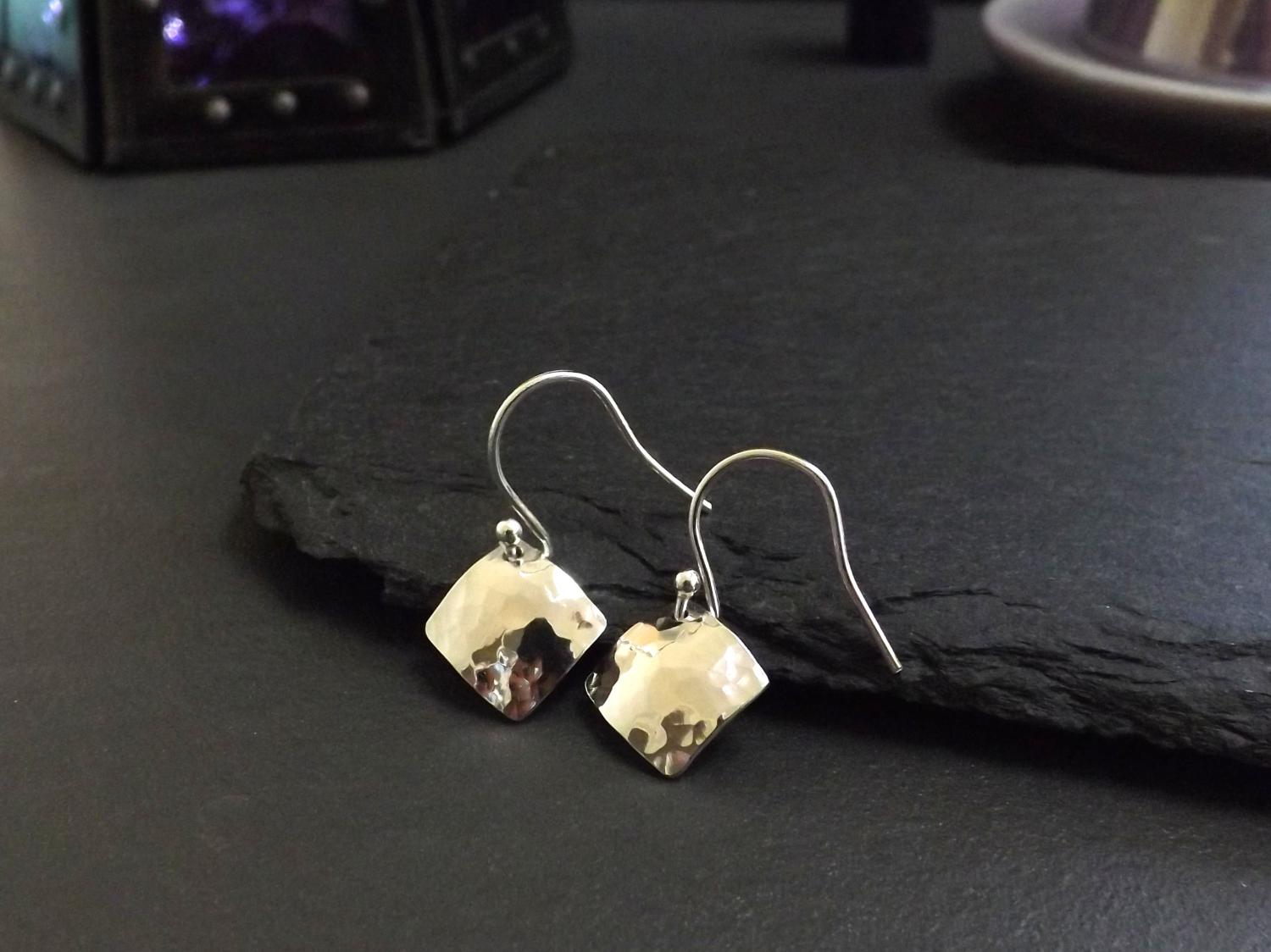 Domed Square Hammered Silver Dangly Earrings