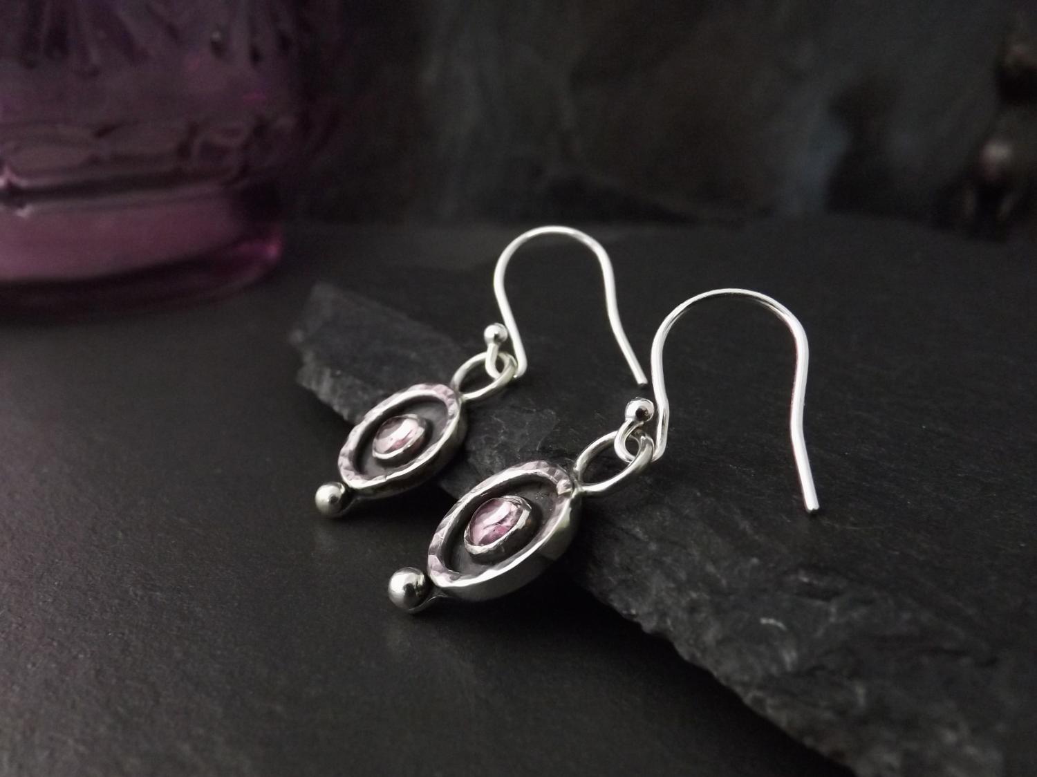 Pink Tourmaline in Hammered Silver Circles Dangly Earrings