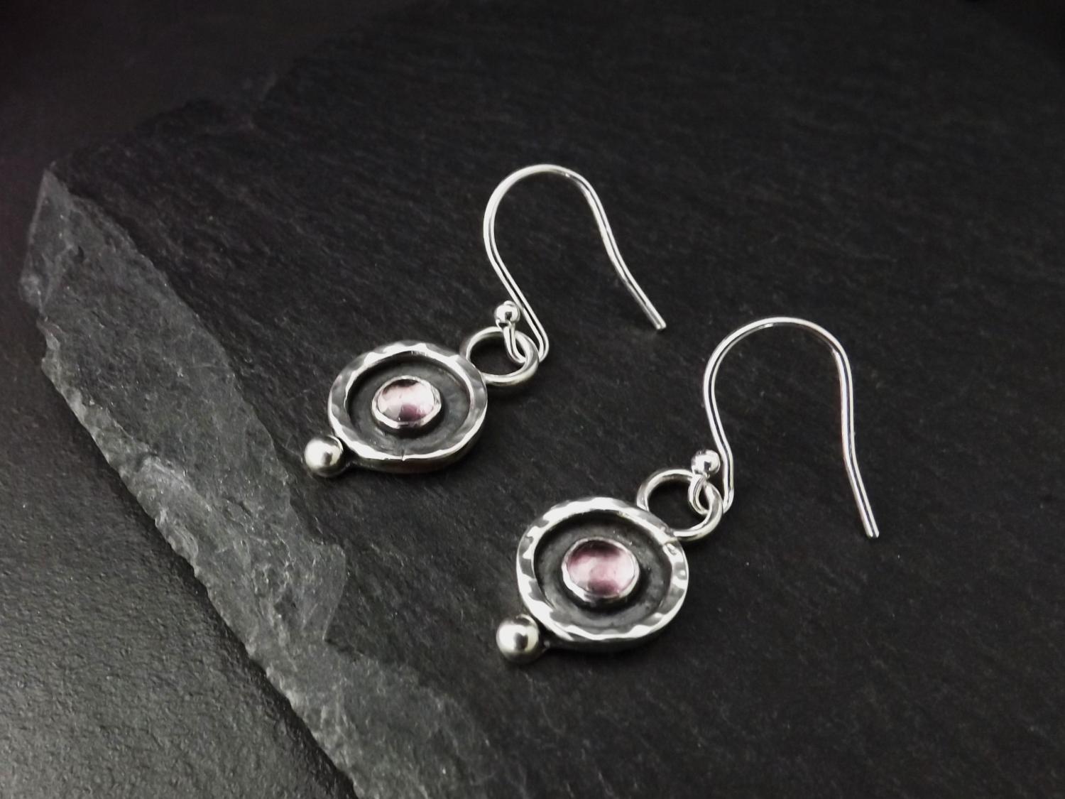 Pink Tourmaline in Hammered Silver Circles Dangly Earrings