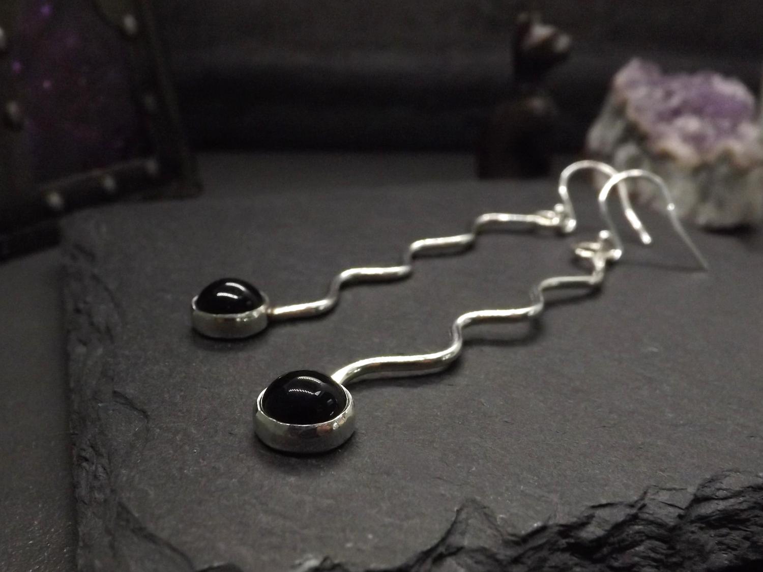 Black Onyx Wavy Dangly Earrings