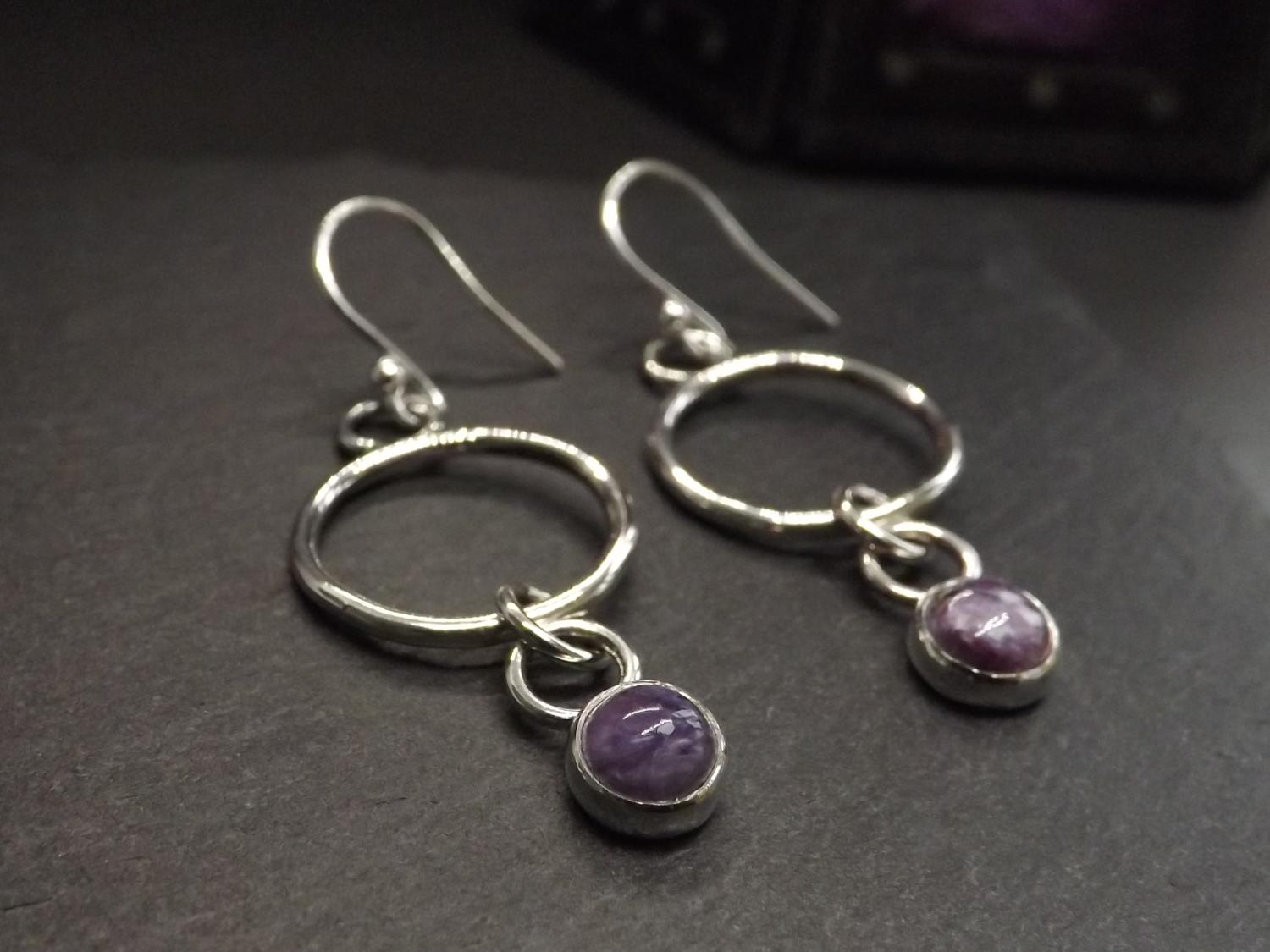 Charoite on Silver Hoops Dangly Earrings