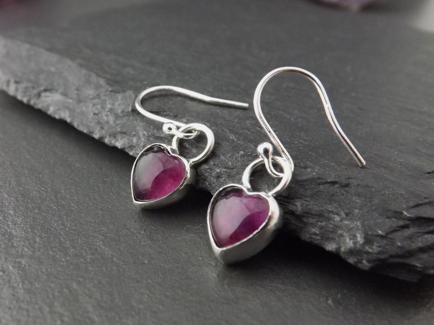 Heart-Shaped Purple Fluorite Silver Dangly Earrings