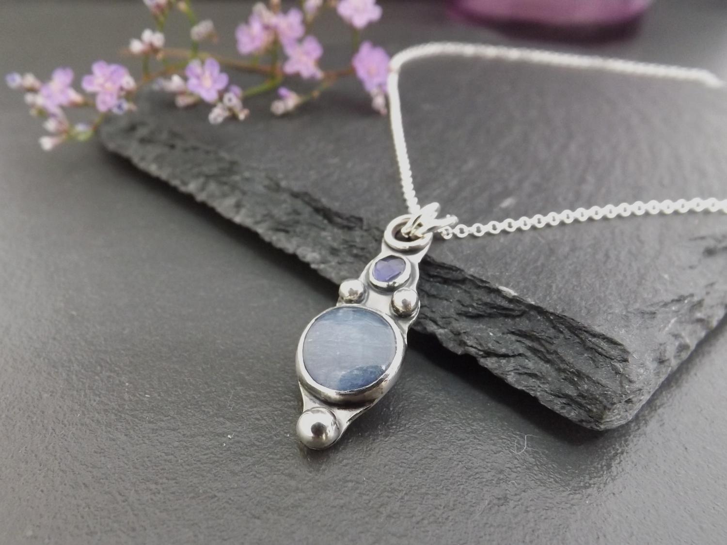 Gothic Kyanite and Iolite Silver Pendant Necklace