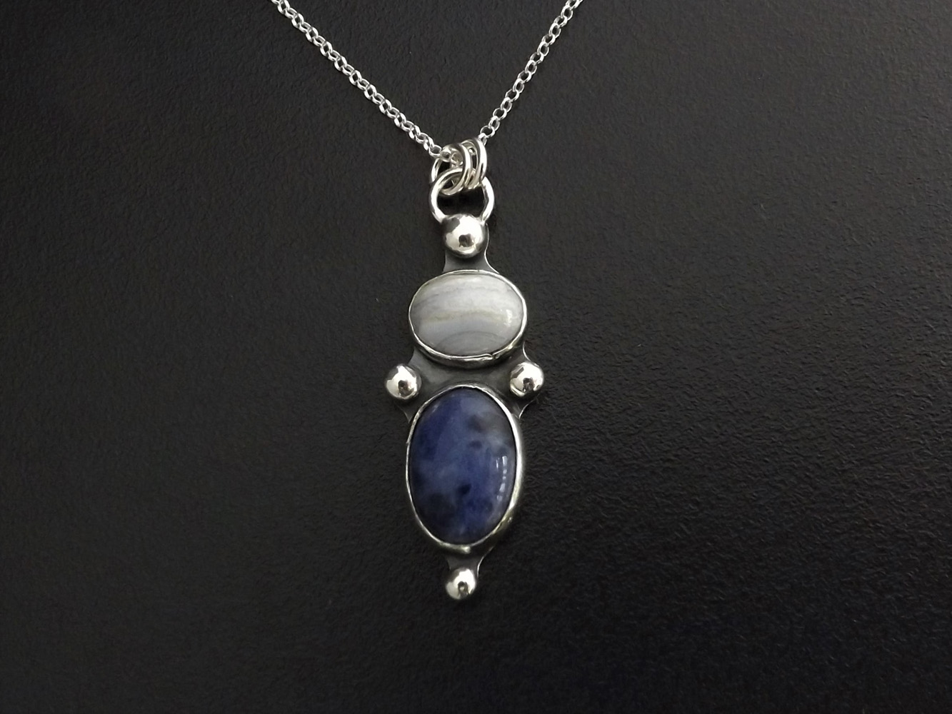 Gothic Sodalite & Blue Lace Agate Silver Pendant Necklace