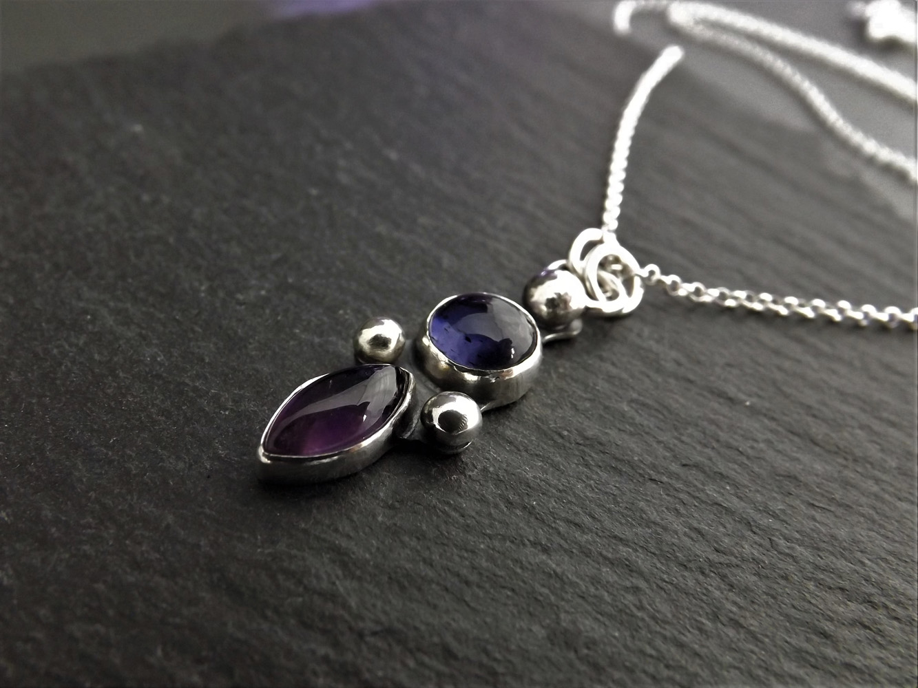 Gothic Iolite and Amethyst Silver Pendant Necklace