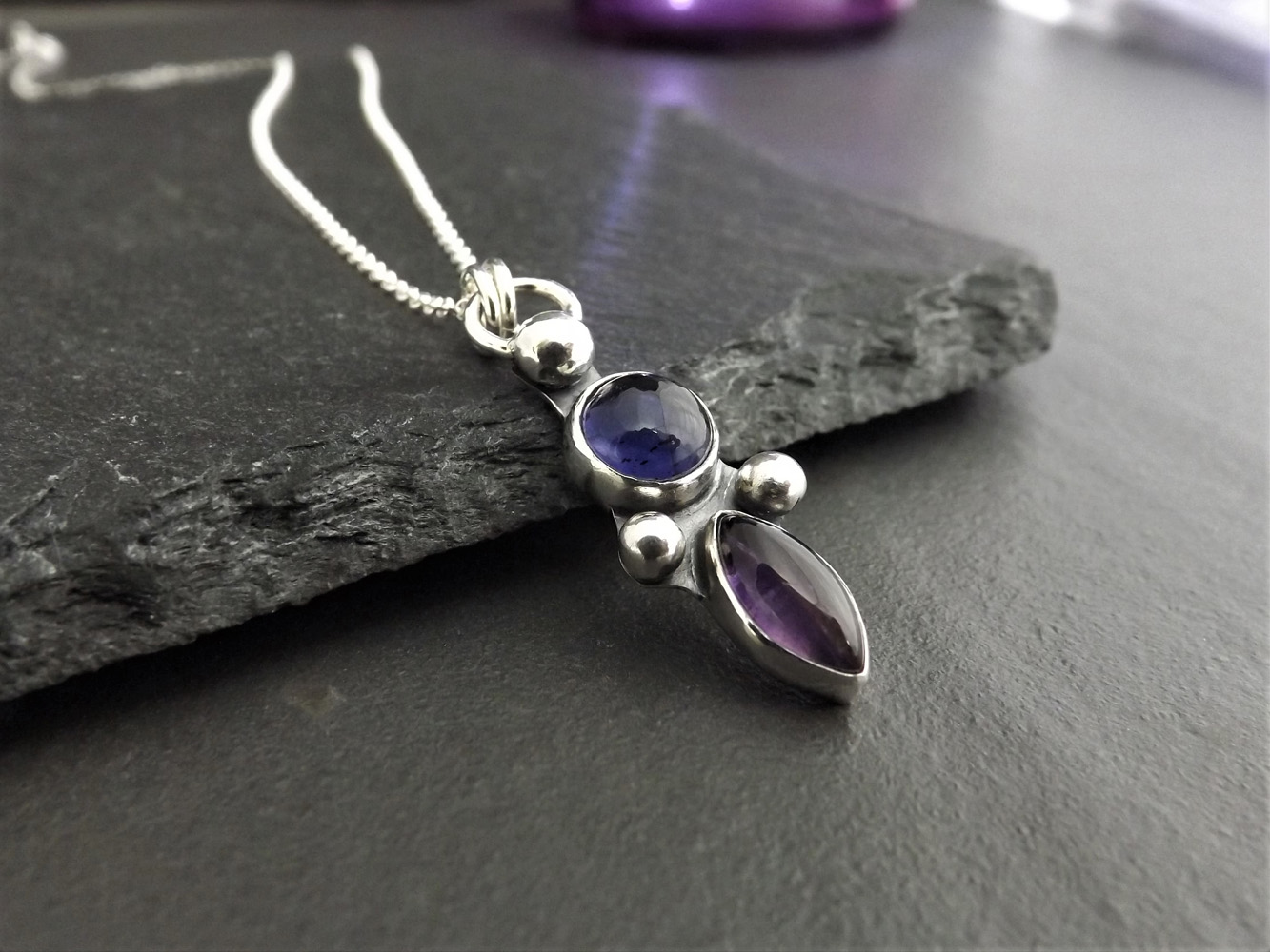 Gothic Iolite and Amethyst Silver Pendant Necklace