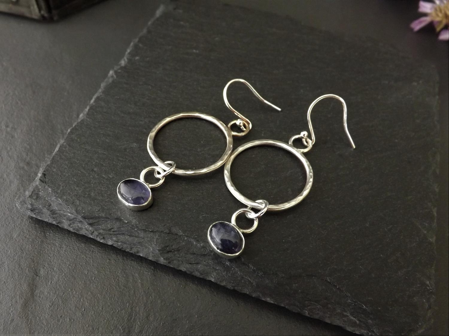 Midnight Blue Iolite on Silver Hoops Dangly Earrings