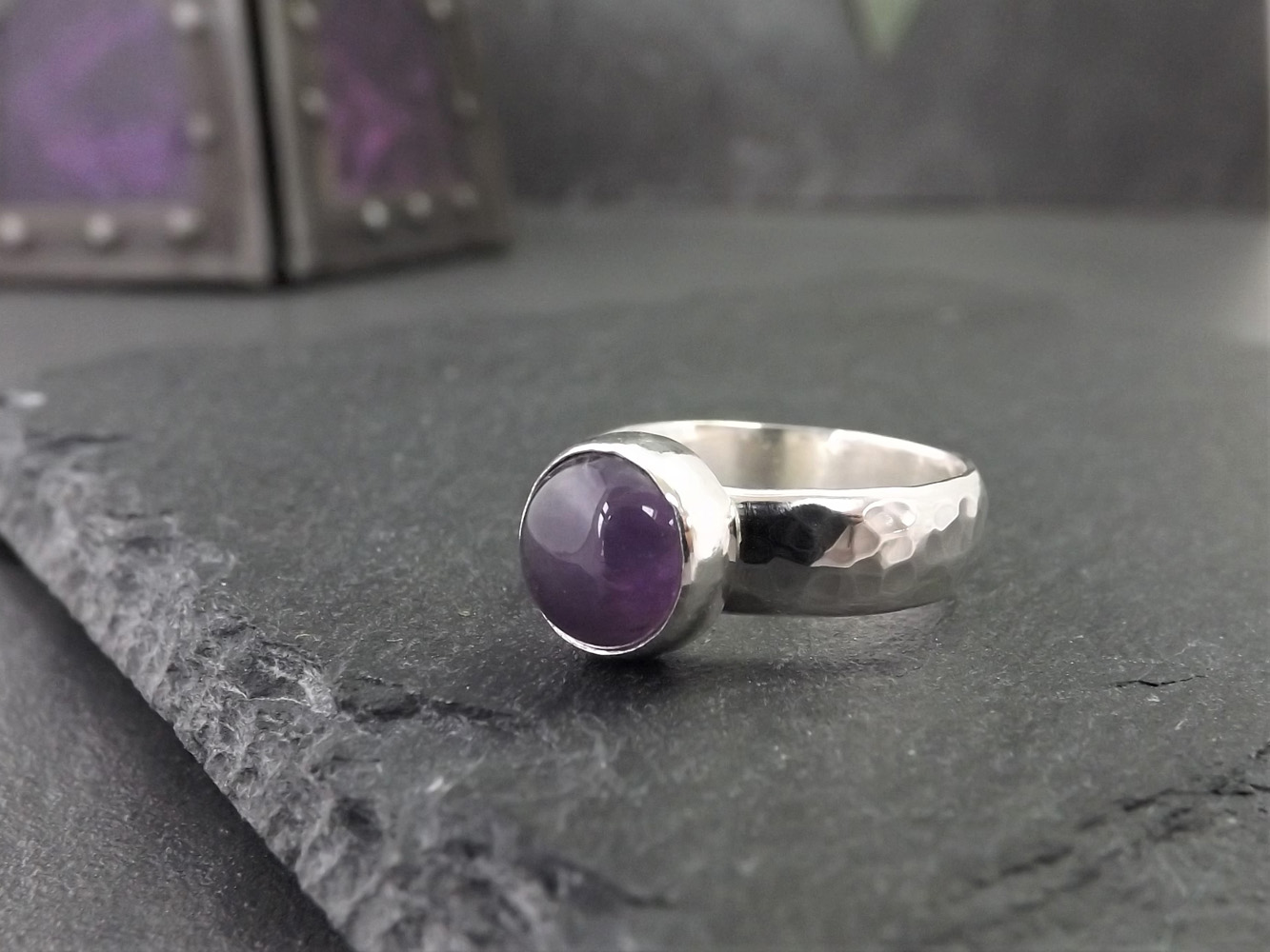 Amethyst Hammered Silver Ring size K