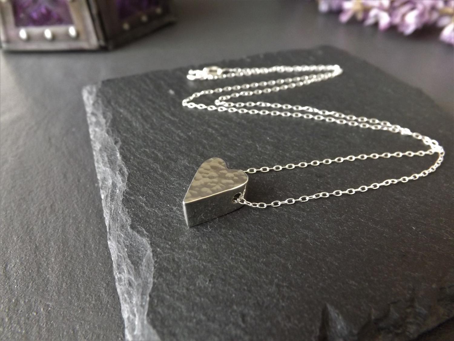 Hammered 3D Heart Silver Pendant Necklace on 16