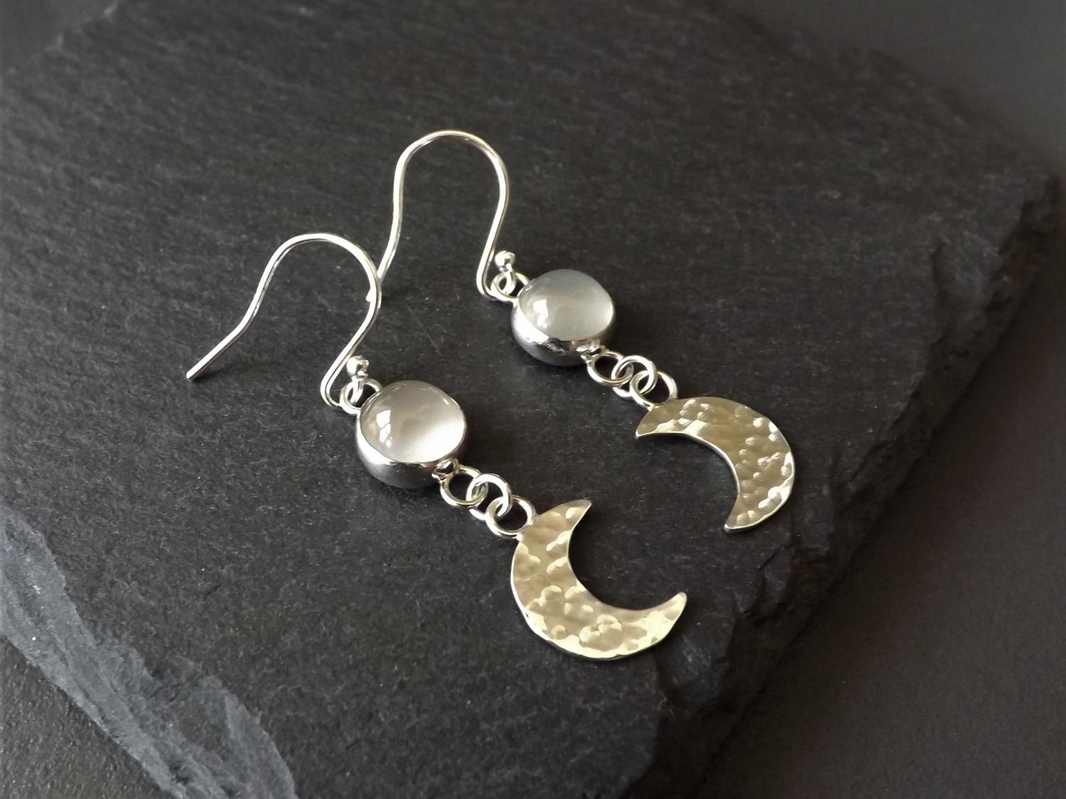 Crescent Moons of Hammered Silver with Moonstone Dangly Earrings