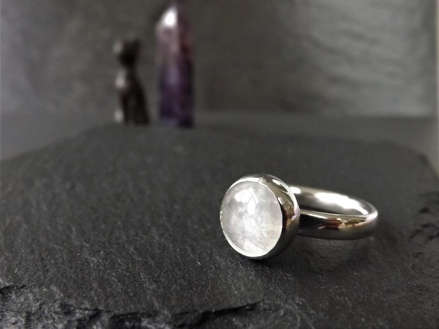 Rainbow Moonstone Silver Ring, size M