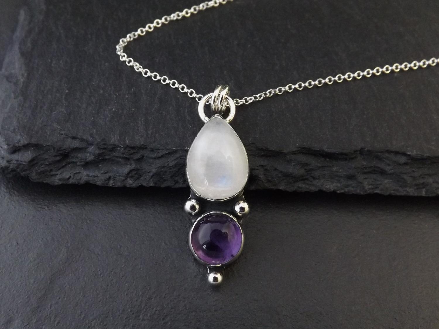 Gothic Moonstone and Amethyst Silver Pendant Necklace
