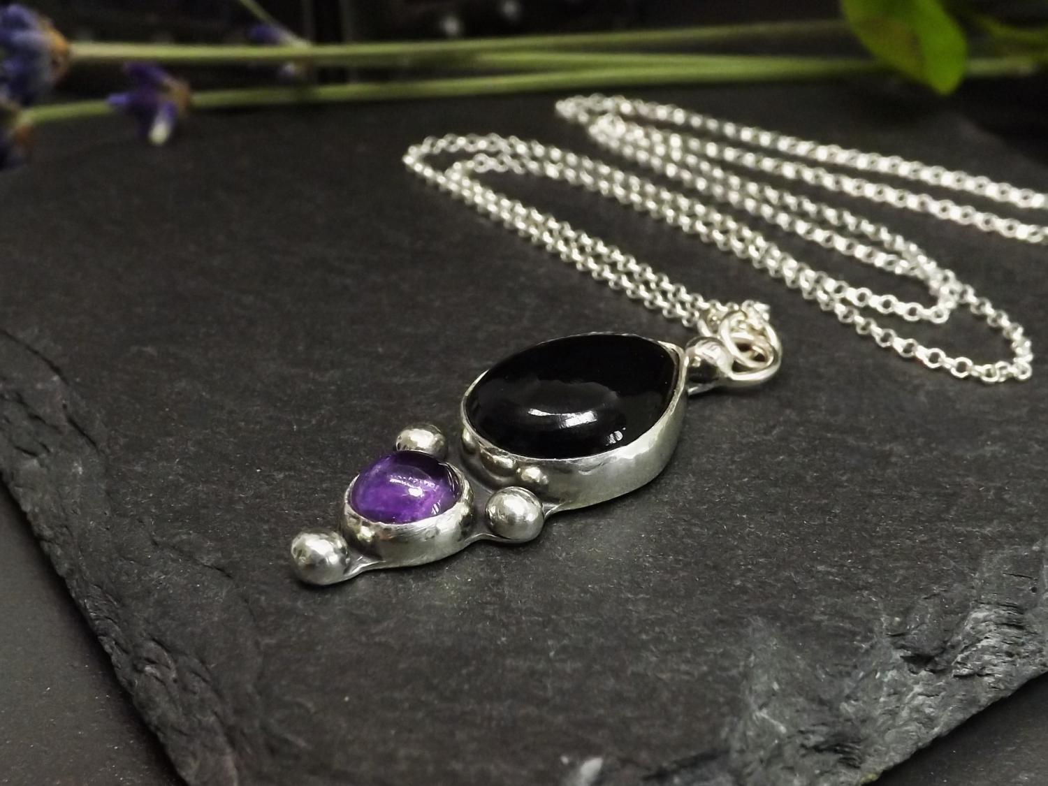 Gothic Large Black Obsidian Teardrop and Amethyst Silver Pendant Necklace