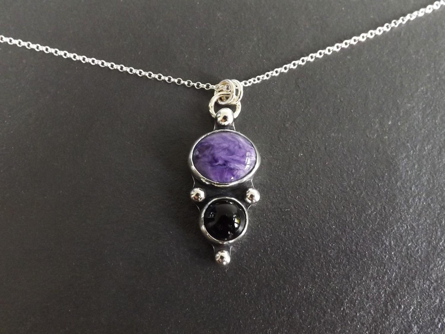 Gothic Purple Charoite and Black Onyx Silver Pendant Necklace