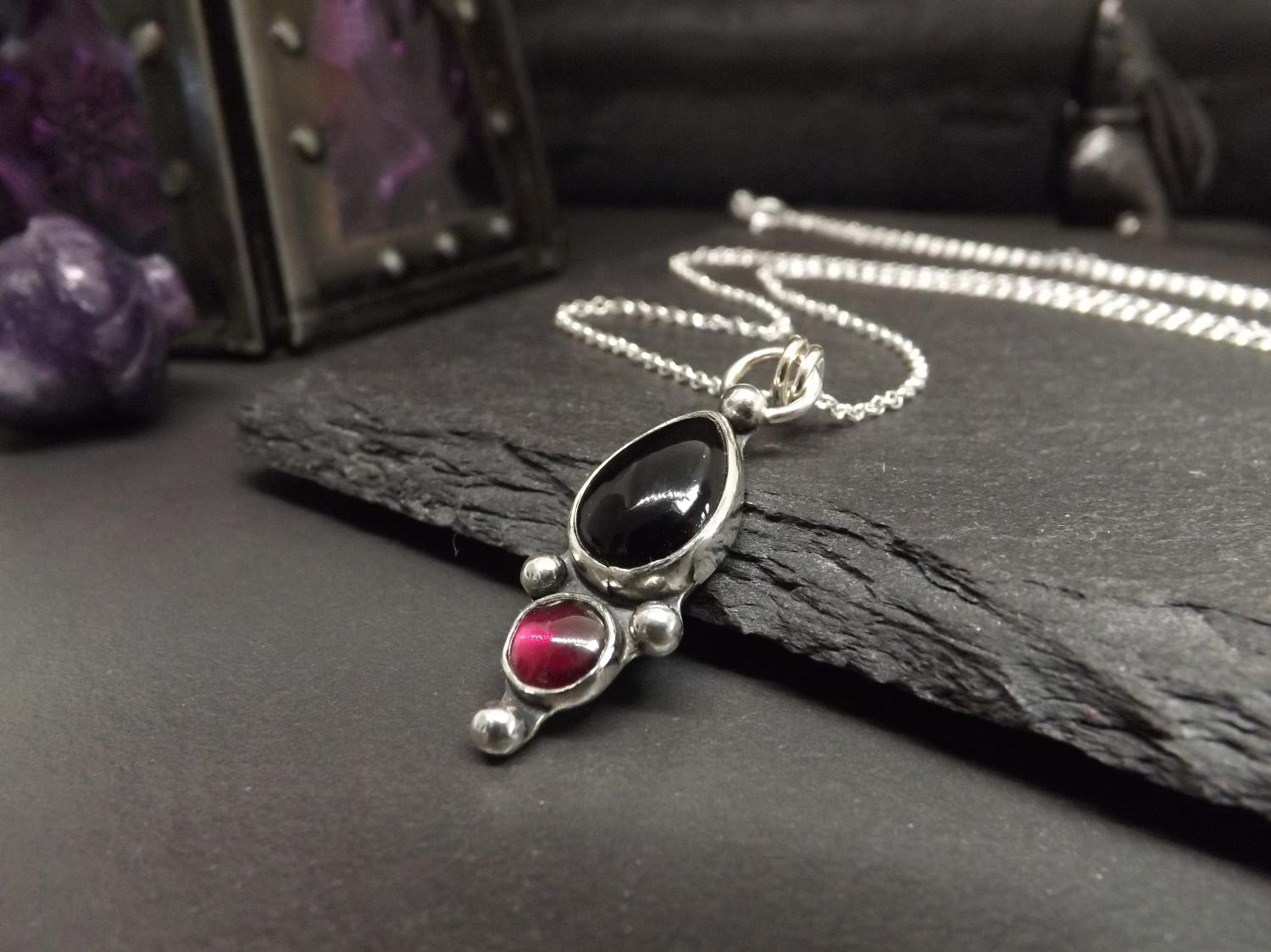 Gothic Black Obsidian Teardrop and Garnet Silver Pendant Necklace