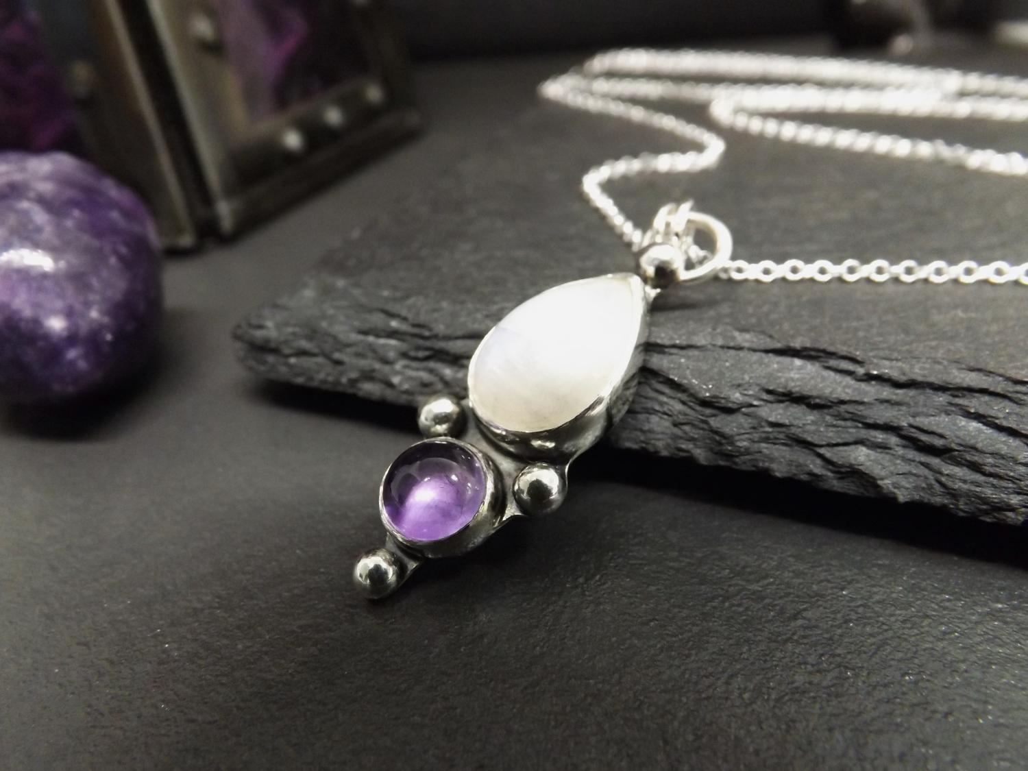 Gothic Moonstone Teardrop and Amethyst Silver Pendant Necklace