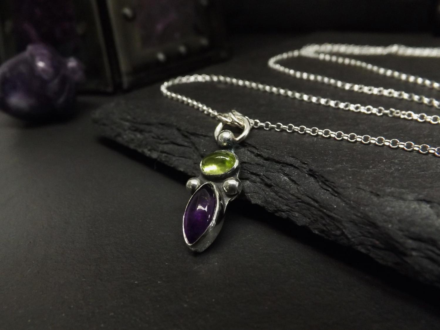 Gothic Peridot and Amethyst Silver Pendant Necklace