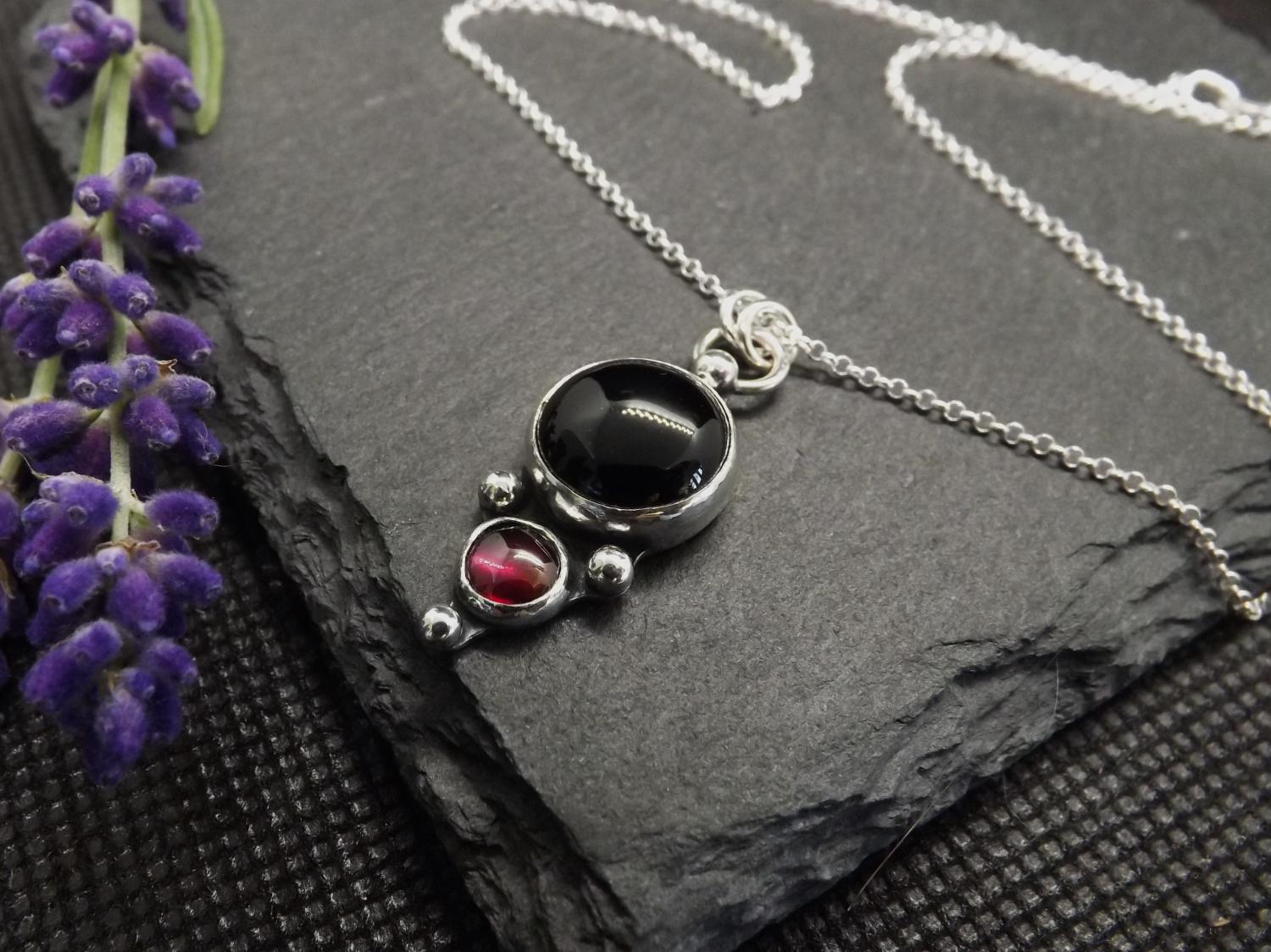 Gothic Onyx and Garnet Silver Pendant Necklace