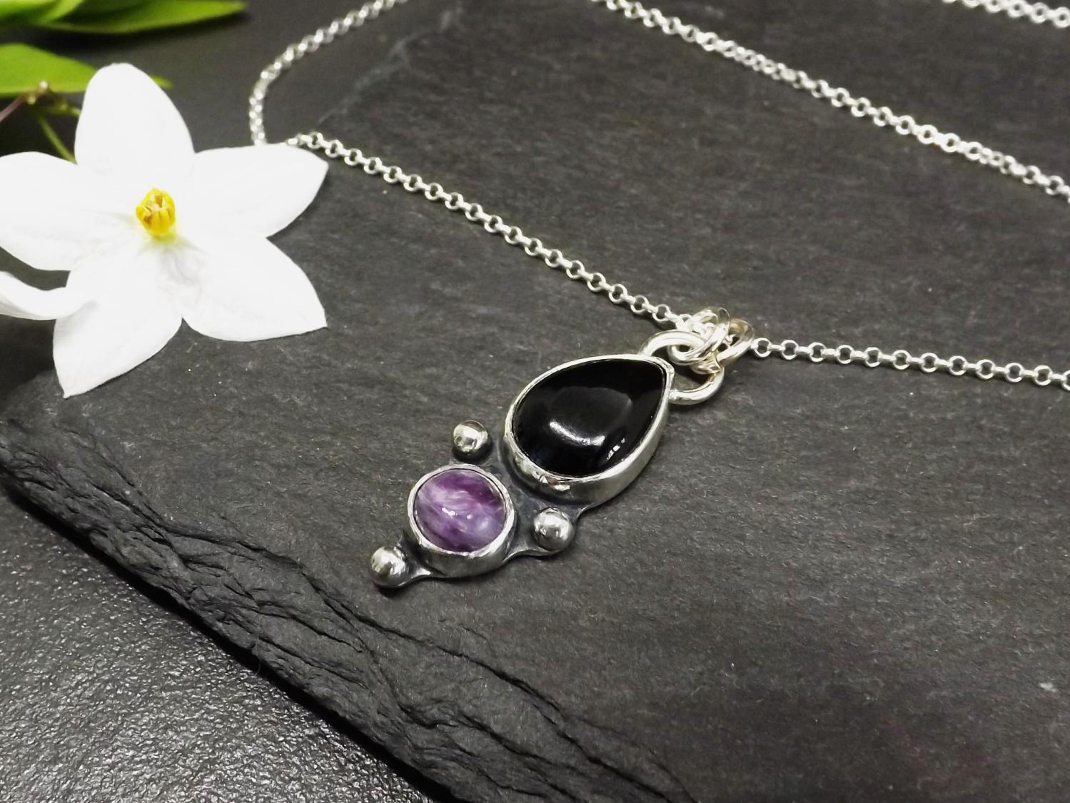 Gothic Black Obsidian Teardrop and Charoite Silver Pendant Necklace