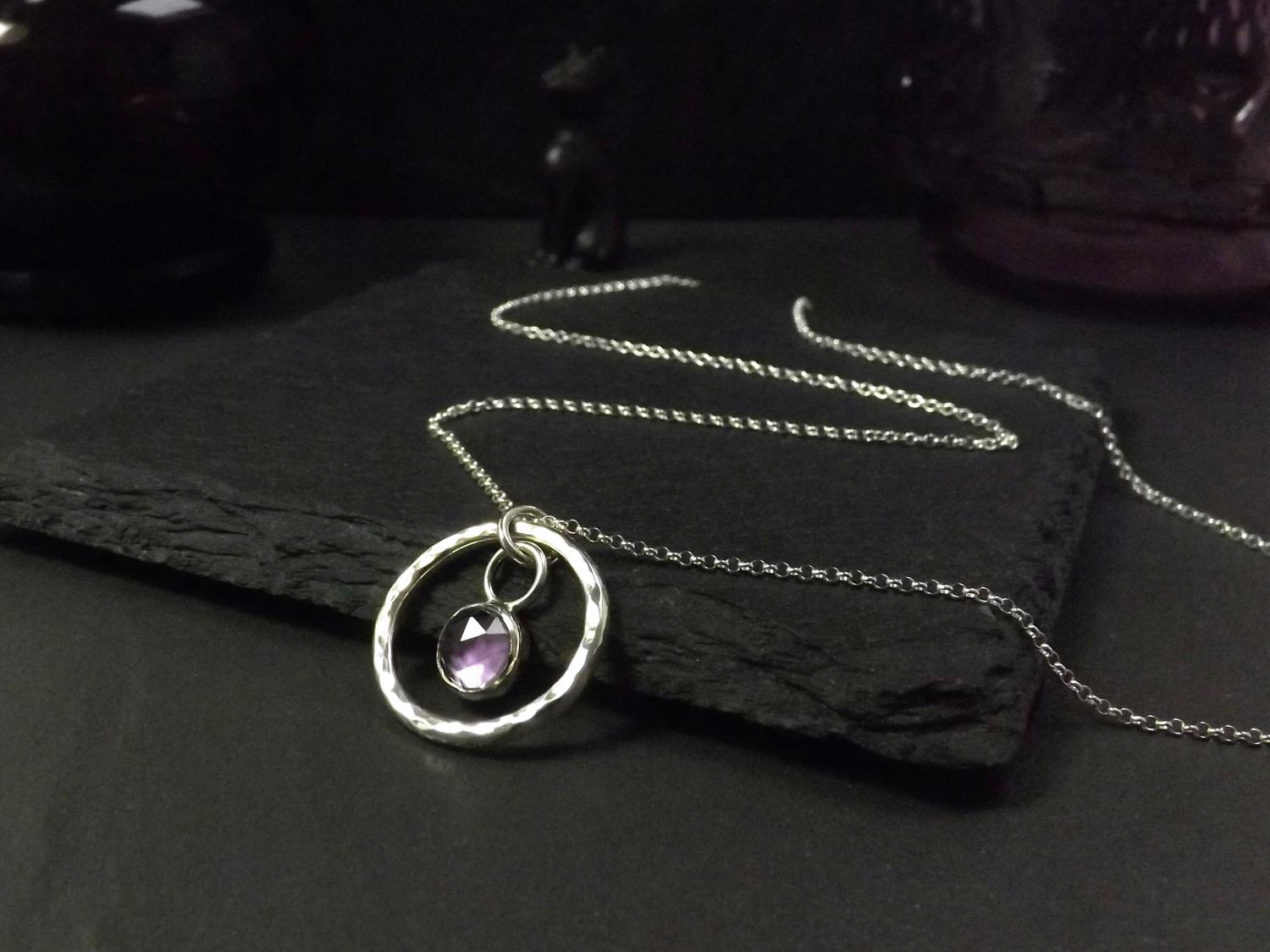 Amethyst Faceted in Hammered Silver Circle Pendant Necklace