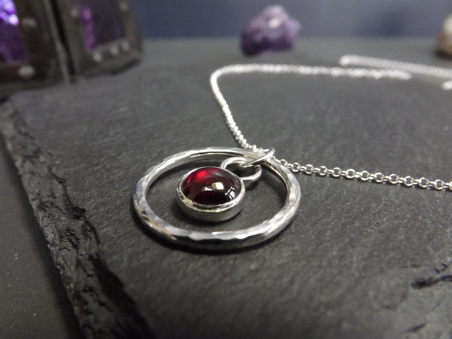 Garnet in Hammered Silver Circle Pendant Necklace