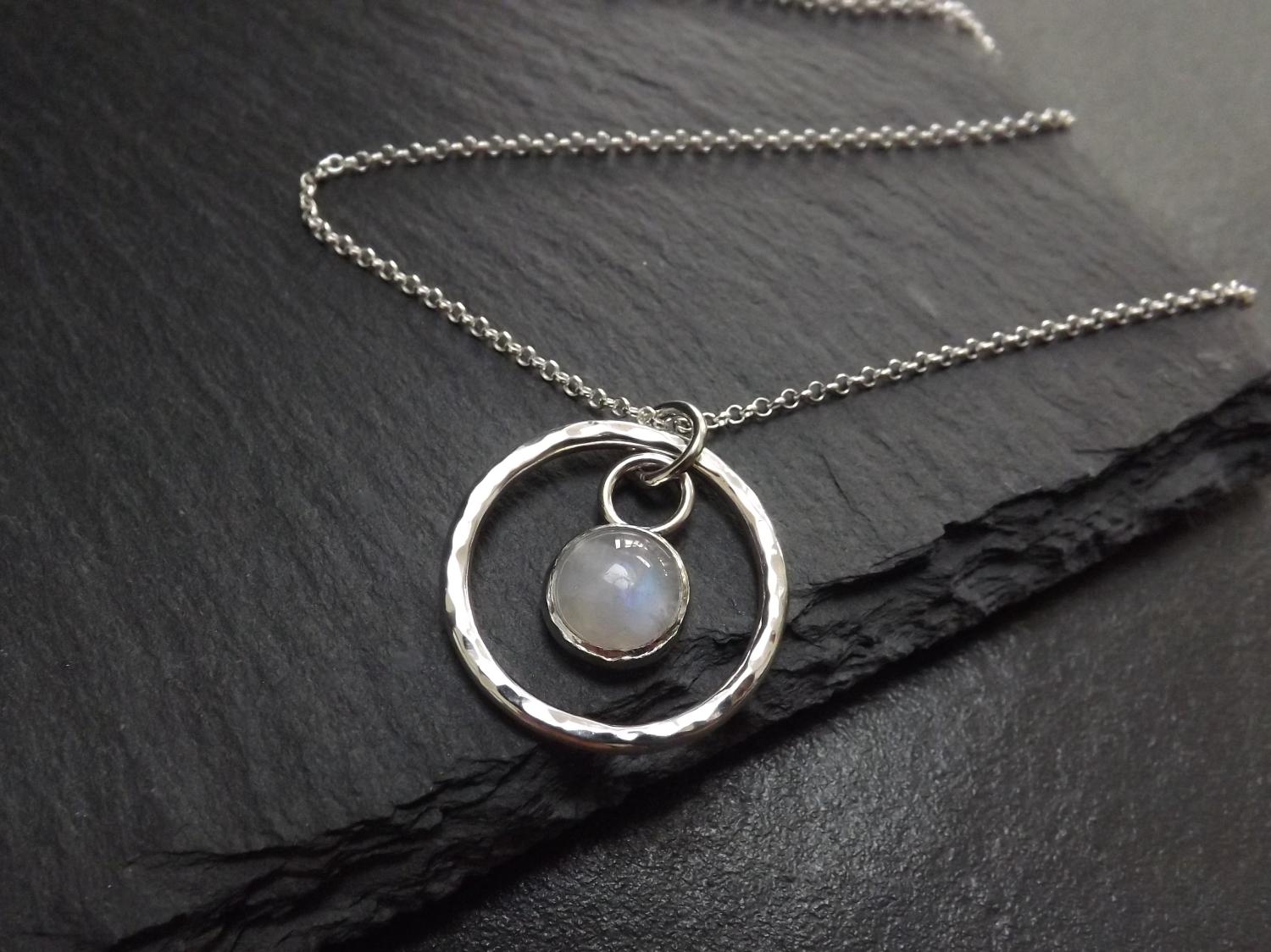 Moonstone in Hammered Silver Circle Pendant Necklace