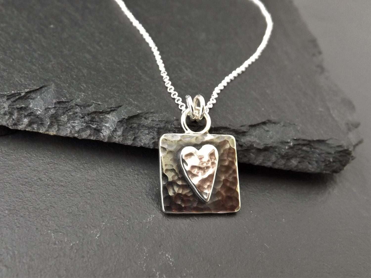 Hammered Heart on Square Silver Pendant Necklace