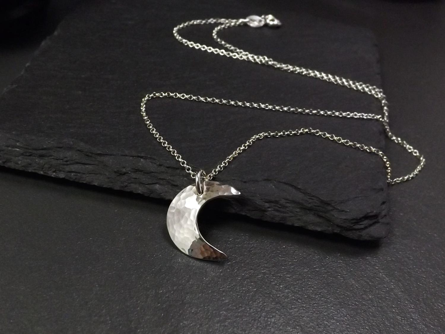 Crescent Moon Hammered Silver Pendant Necklace