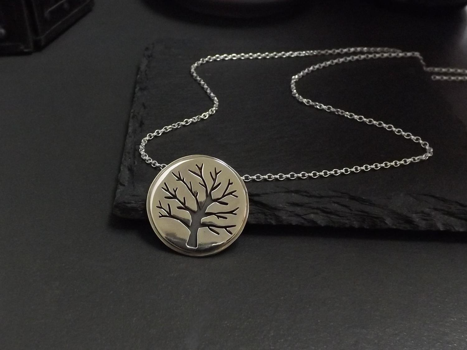 Round Winter Tree Silver Pendant Necklace