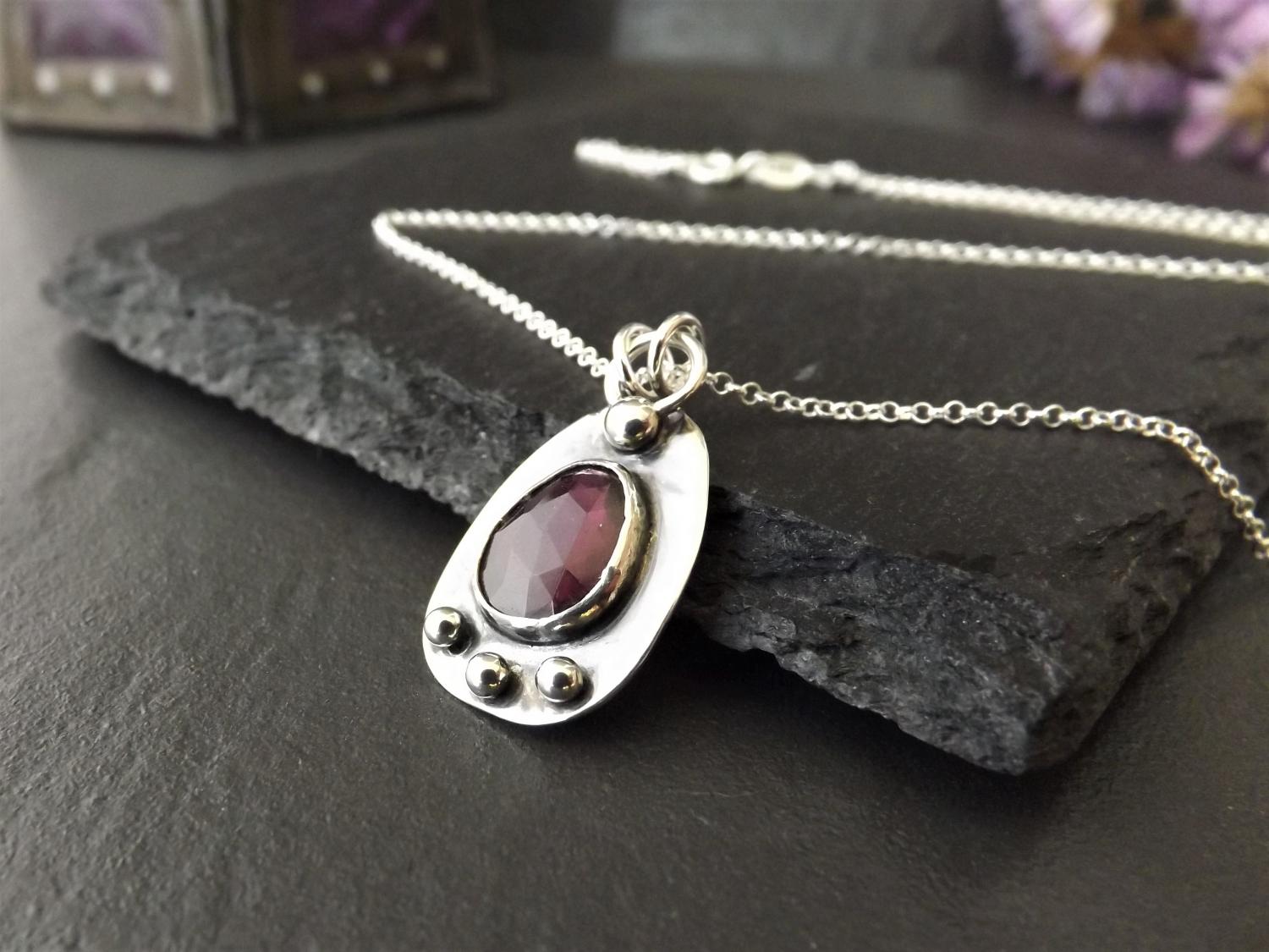 Pomegranate Rhodolite Garnet Silver Pendant Necklace