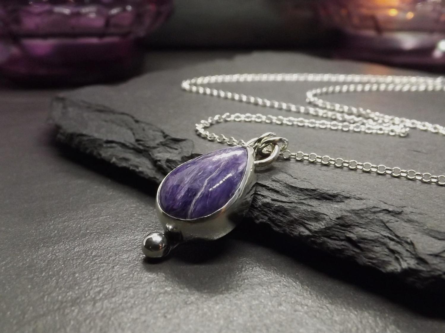 Charoite Teardrop Silver Pendant Necklace