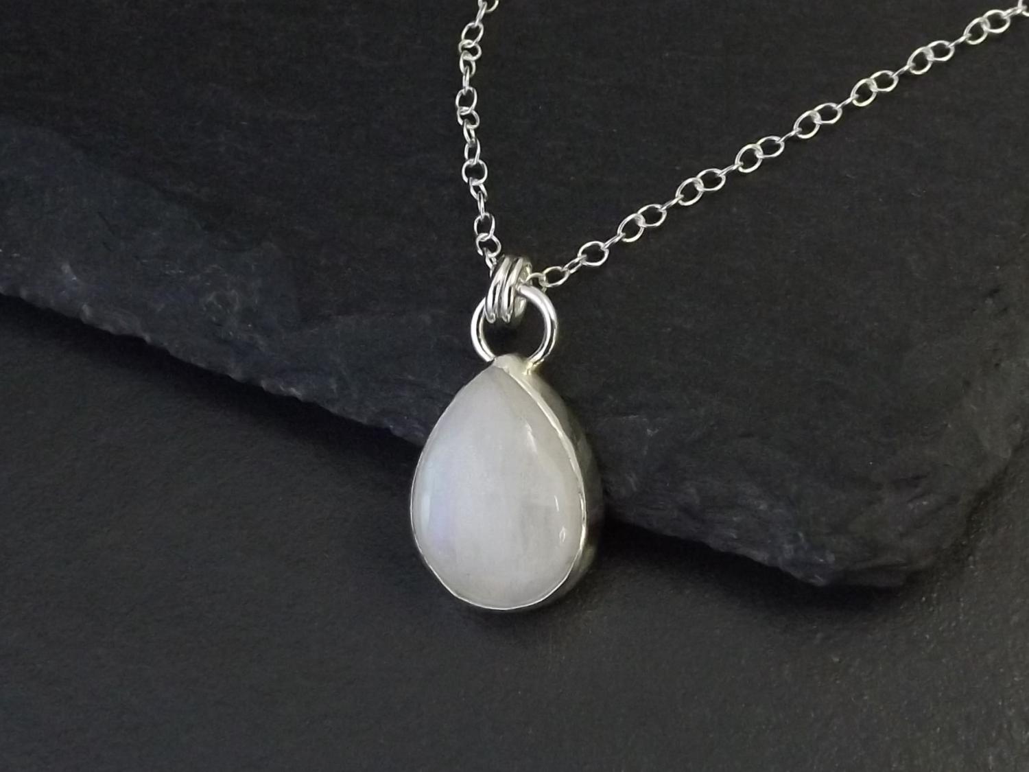 Rainbow Moonstone Teardrop Silver Pendant Necklace