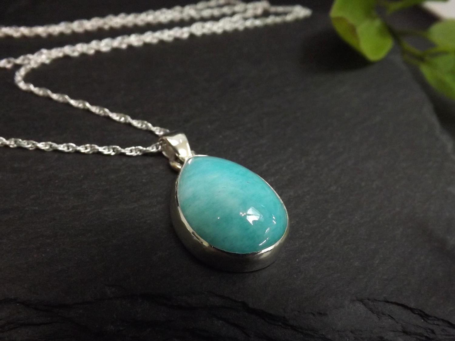 Amazonite Teardrop Silver Pendant Necklace